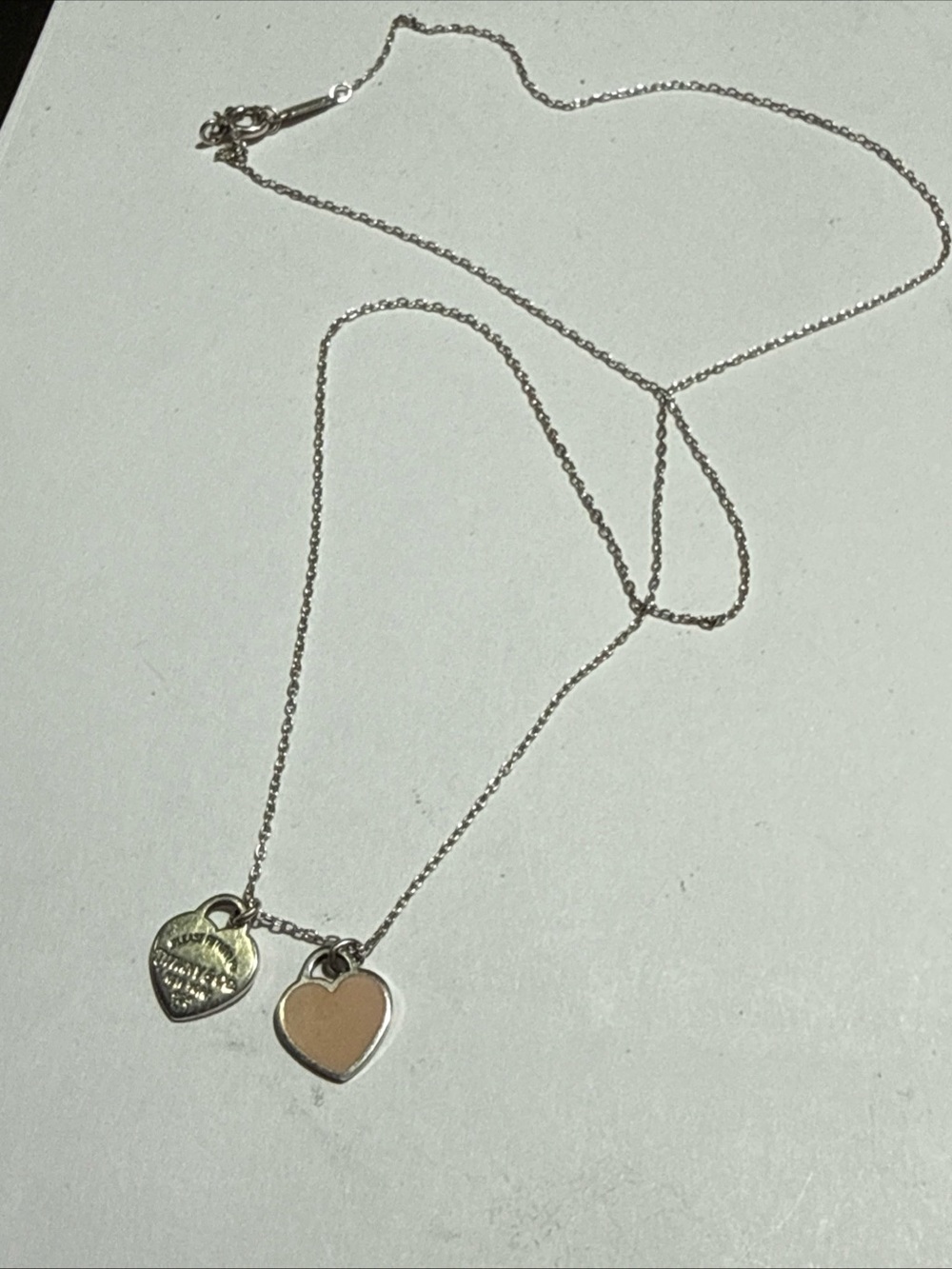 Auth Return to Tiffany & Co. Mini Double Heart Tag Pendant Necklace Pink Enamel